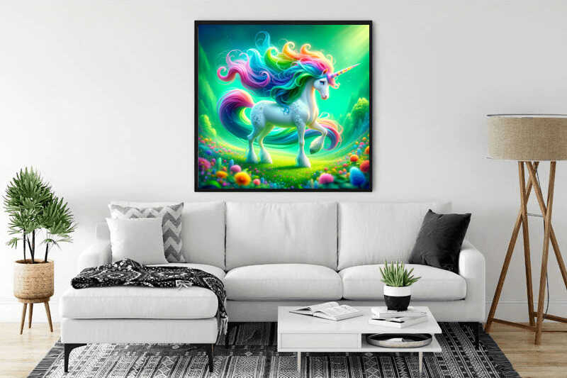 Paint by Numbers - Colorful Unicorn artwork displayed in a modern living room above a white couch.