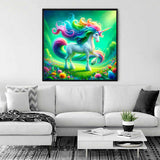 Paint by Numbers - Colorful Unicorn artwork displayed in a modern living room above a white couch.
