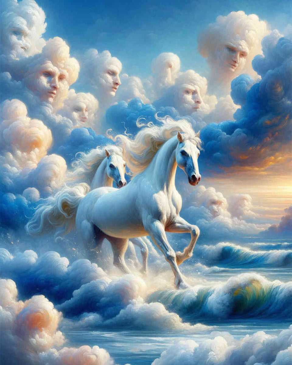 Paint by Numbers - White horses and pair of clouds