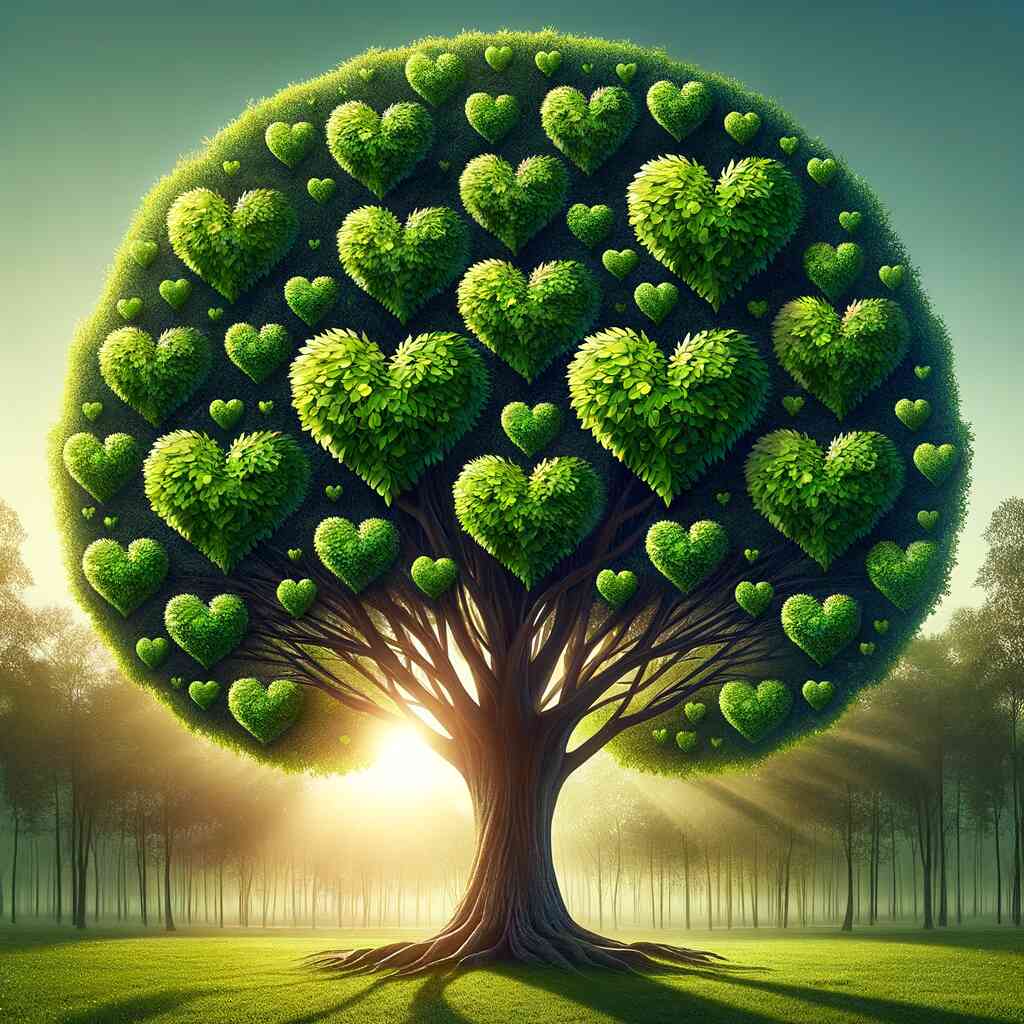 Paint by Numbers - Heart Tree: Magic of Nature featuring a tree with heart-shaped leaves in vibrant green shades, illuminated by morning sunlight