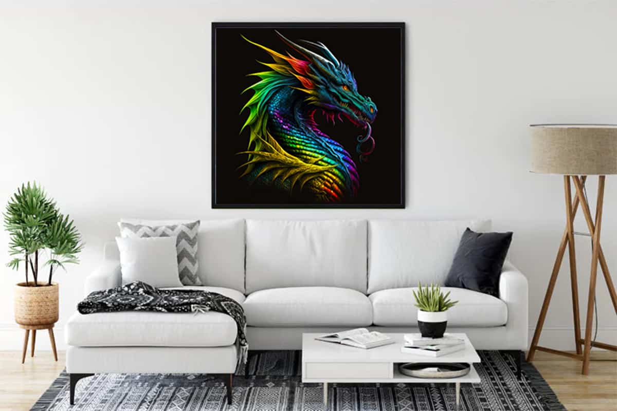 Dragon-themed diamond painting on a wall above a white sofa in a modern living room.