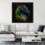 Dragon-themed diamond painting on a wall above a white sofa in a modern living room.