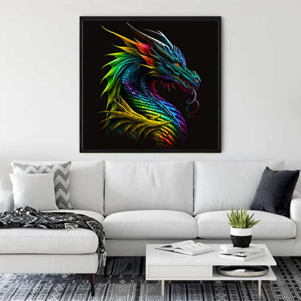 Dragon-themed diamond painting on a wall above a white sofa in a modern living room.