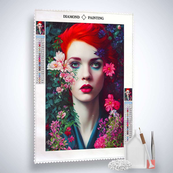 Diamond Painting kit with a design of a woman with red hair and flowers, including Paint by Numbers tools like pen, tweezers, and acrylic diamonds.