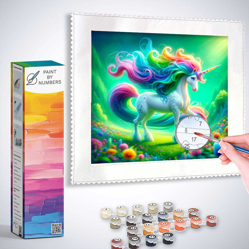 Paint by Numbers - Colorful Unicorn set with painting, brushes, and paint pots on display