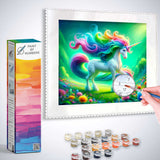 Paint by Numbers - Colorful Unicorn set with painting, brushes, and paint pots on display