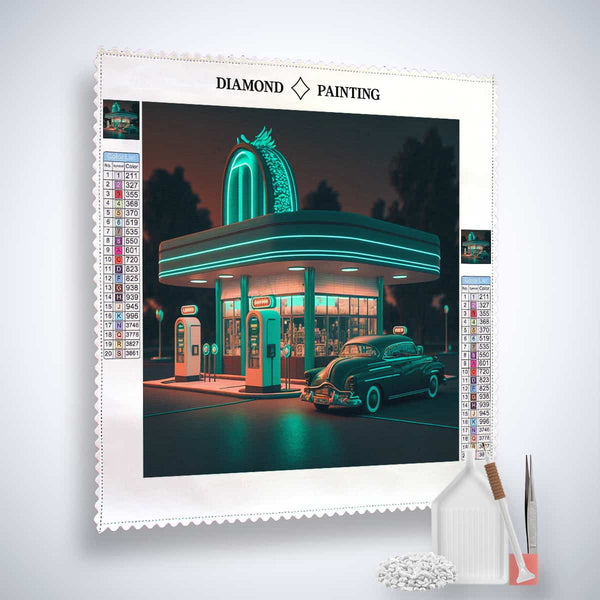 Diamond Painting kit featuring a 1950s chrome diner, complete with professional canvas, acrylic diamonds, tweezers, and application pen.