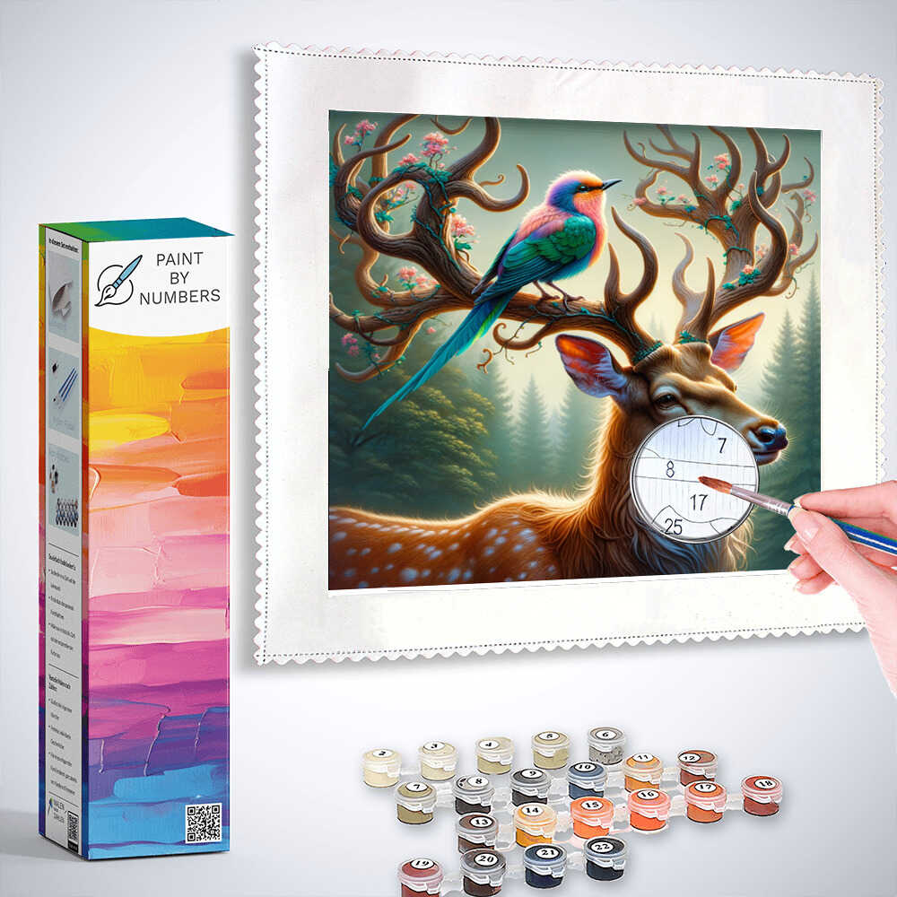 Paint by Numbers kit - Forest Whispers featuring majestic deer and colorful bird in magical forest scene