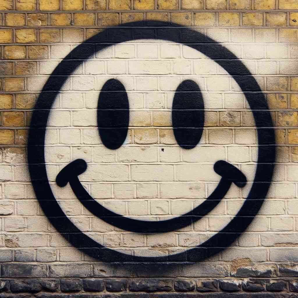 Paint by Numbers - Urban Smiles artwork featuring a black and white smile on a yellow brick wall.