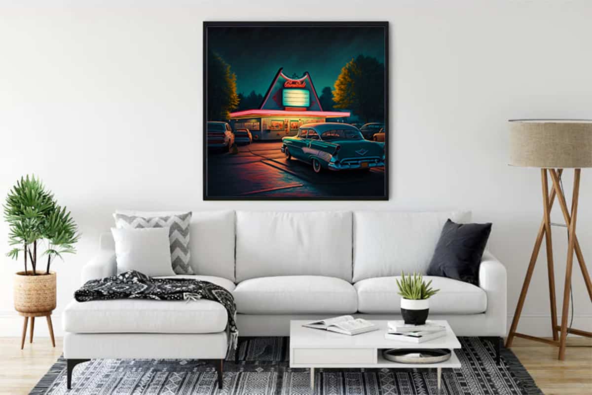 Mid-century themed diamond painting of a retro drive-in diner hung in a modern living room.