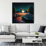 Mid-century themed diamond painting of a retro drive-in diner hung in a modern living room.