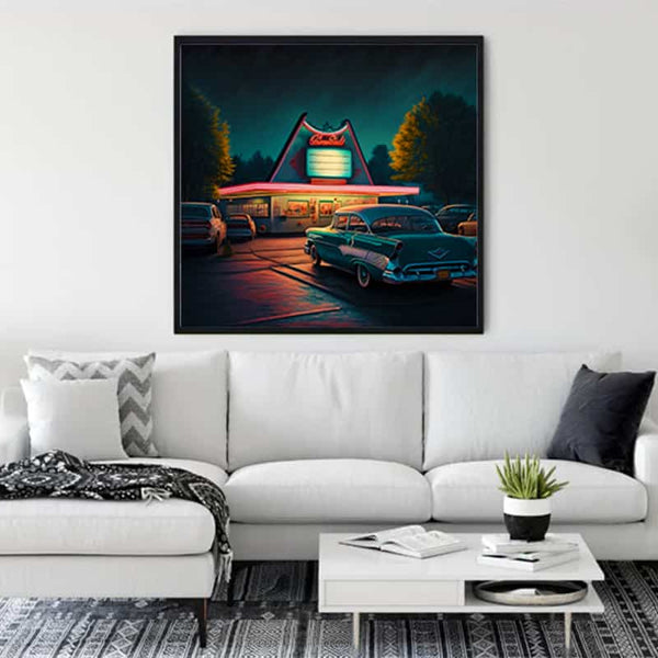 Mid-century themed diamond painting of a retro drive-in diner hung in a modern living room.