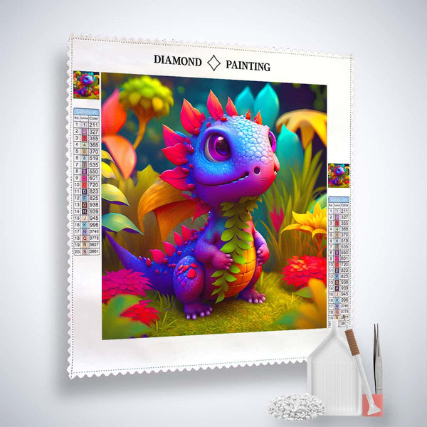 AB Diamond Painting - Drachenbaby im Zauberwald on canvas with rainbow-colored dragon, application tools, and sparkly acrylic diamonds