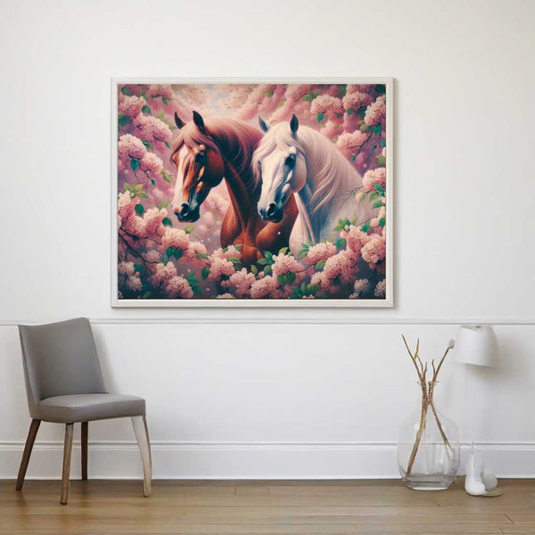 Horses in front of cherry trees