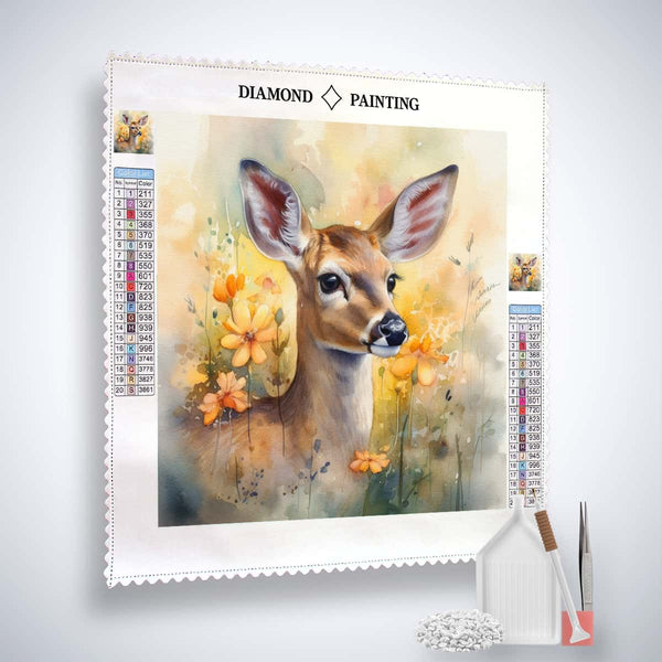 Diamond Painting Kit featuring Magic Deer design with colorful flowers, includes acrylic diamonds, tweezers, and professional application pen.