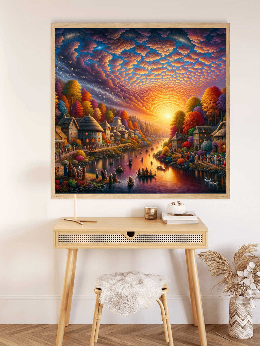 Paint by Numbers - Evening splendor on the river bank in a medieval village with vibrant colors and a peaceful sunset scene.