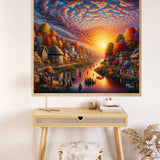 Paint by Numbers - Evening splendor on the river bank in a medieval village with vibrant colors and a peaceful sunset scene.