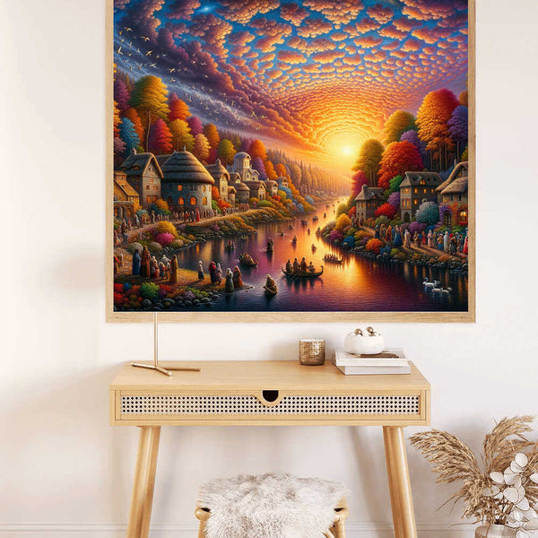 Paint by Numbers - Evening splendor on the river bank in a medieval village with vibrant colors and a peaceful sunset scene.