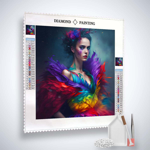 AB Diamond Painting kit featuring a woman in a rainbow dress, evening scene with included tools and canvas for paint by numbers enthusiasts.