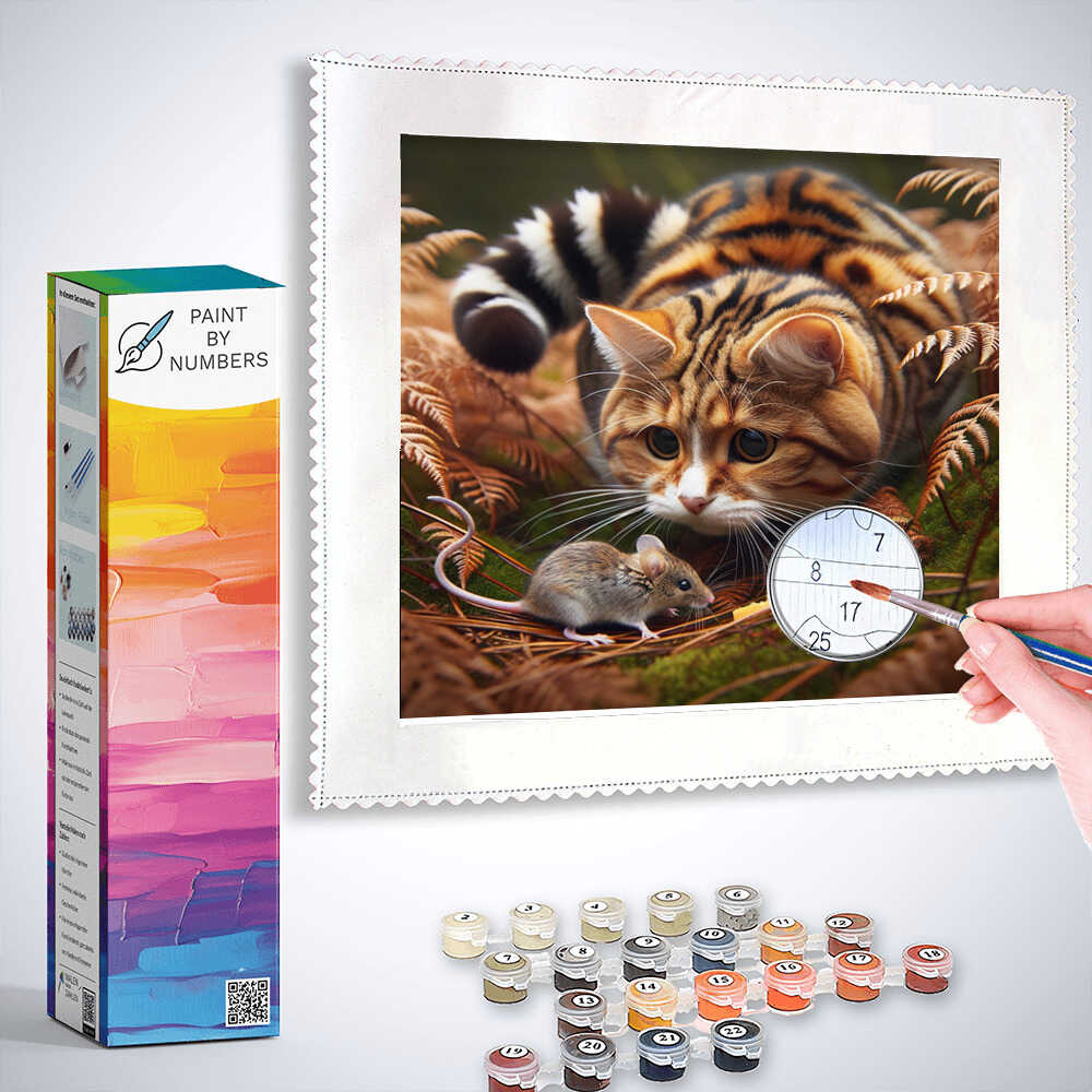 Paint by Numbers kit featuring a realistic cat and mouse encounter in an autumn forest scene