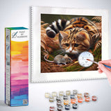 Paint by Numbers kit featuring a realistic cat and mouse encounter in an autumn forest scene