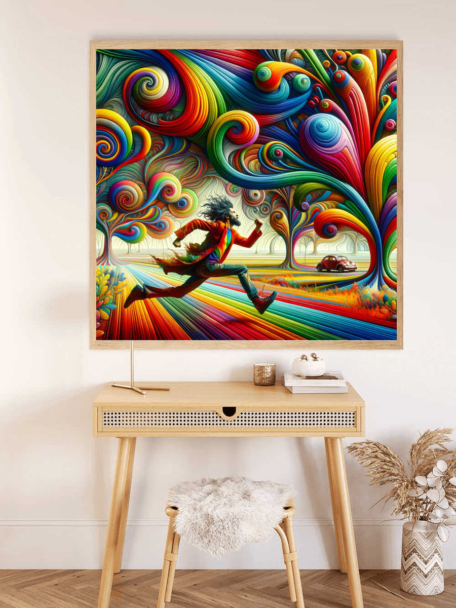 Colorful Paint by Numbers artwork featuring a central figure running through a vibrant, swirling landscape of red, orange, blue, and green.