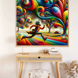 Colorful Paint by Numbers artwork featuring a central figure running through a vibrant, swirling landscape of red, orange, blue, and green.