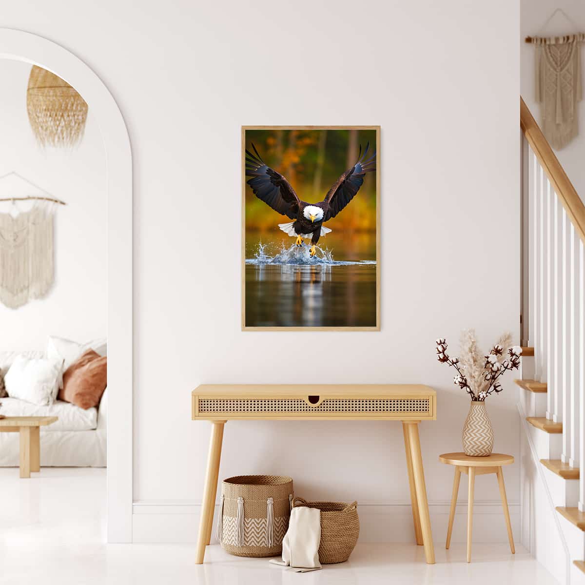 Eagle Diamond Painting hanging in a modern living room with boho decor.