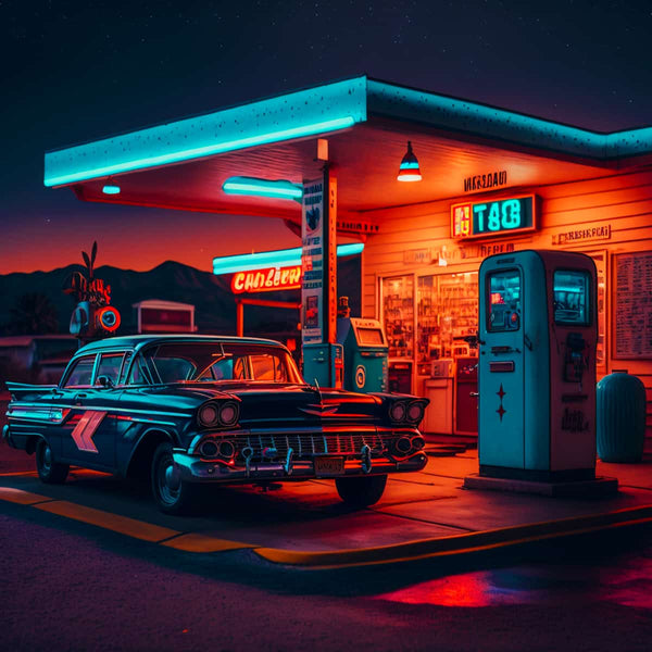 Vintage 50s gas station scene with classic car at night, ideal for Diamond Painting enthusiasts and Paint by Numbers kits.