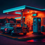 Vintage 50s gas station scene with classic car at night, ideal for Diamond Painting enthusiasts and Paint by Numbers kits.