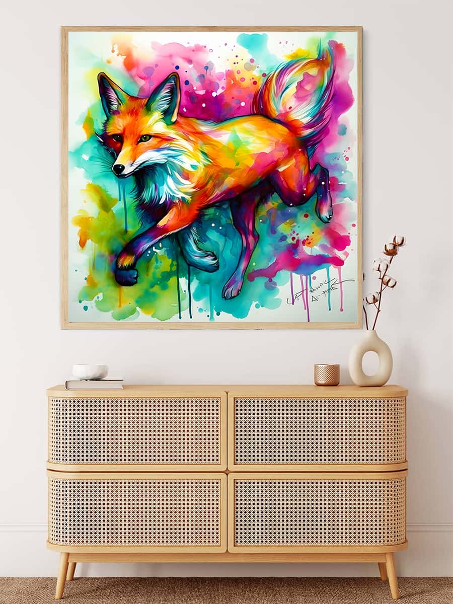 Fox abstract diamond painting kit on canvas, vibrant and colorful paint by numbers wall art displayed above a wicker cabinet