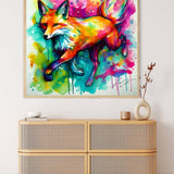 Fox abstract diamond painting kit on canvas, vibrant and colorful paint by numbers wall art displayed above a wicker cabinet