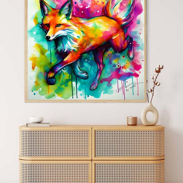 Fox abstract diamond painting kit on canvas, vibrant and colorful paint by numbers wall art displayed above a wicker cabinet