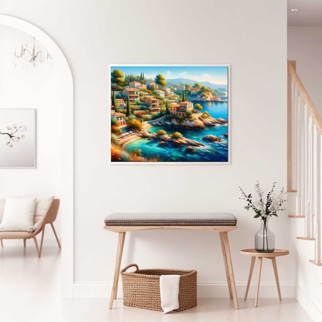 Paint by Numbers - Mediterranean Whispers displayed on a living room wall, illustrating a vibrant southern village by the sea.