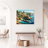 Paint by Numbers - Mediterranean Whispers displayed on a living room wall, illustrating a vibrant southern village by the sea.