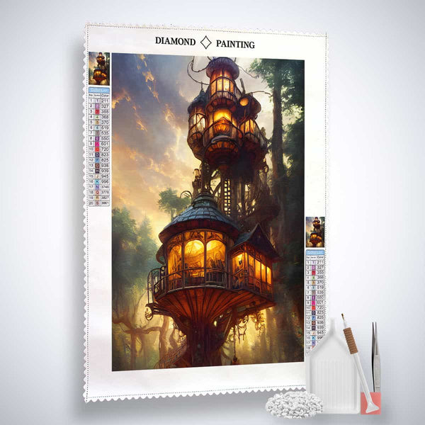 Diamond Painting Kit - Forest Tower with professional canvas, acrylic diamonds, artist's tweezers, and application pen for Paint by Numbers