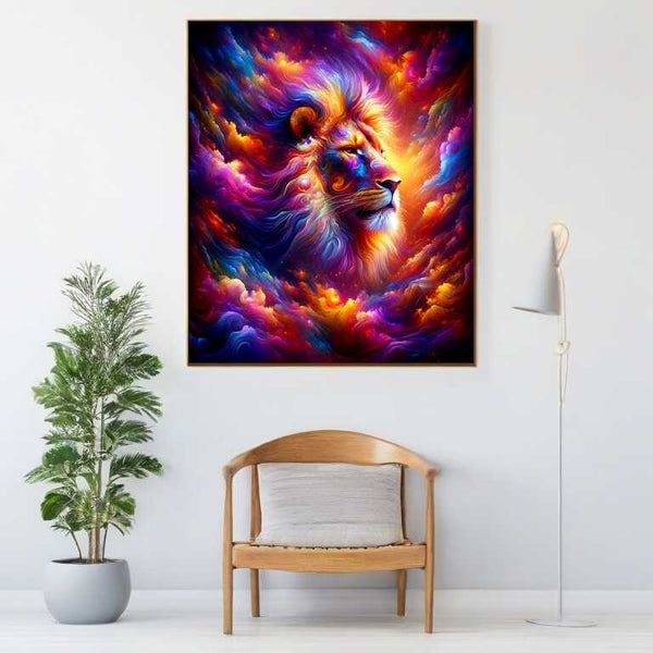 Lion Paint by Numbers vibrant artwork with rich purples and vibrant neons, showing majestic lion and abstract modern elements on wall display.