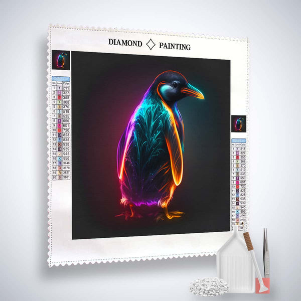AB Diamond Painting - Neon Penguin Paint by Numbers Kit with Acrylic Diamonds, Canvas, Tweezers, and Application Pen