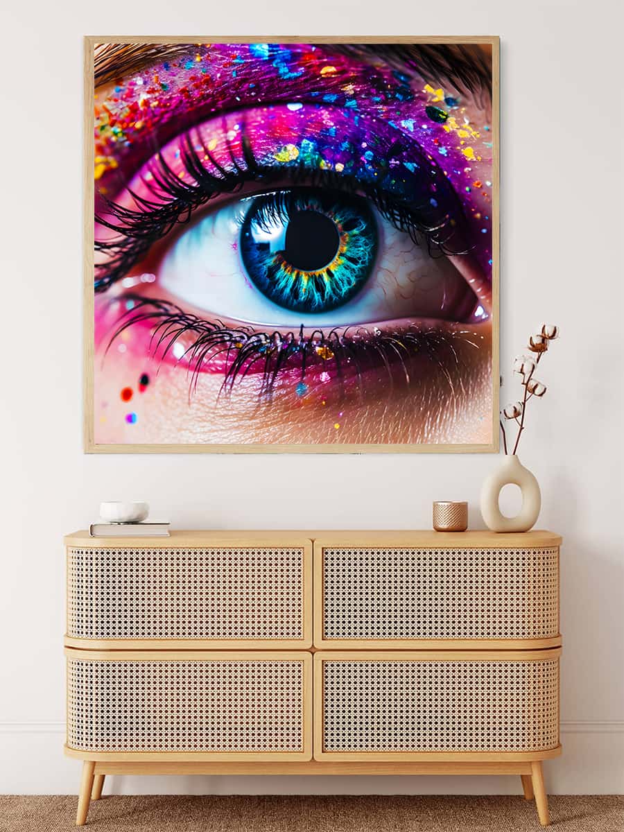 Close-up view of AB Diamond Painting's Diamond View design featuring a vibrant, colorful eye above a wooden dresser.