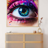 Close-up view of AB Diamond Painting's Diamond View design featuring a vibrant, colorful eye above a wooden dresser.