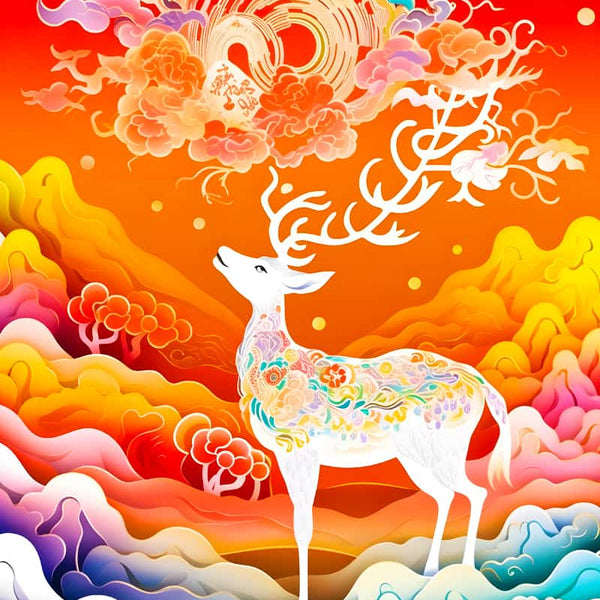 AB Diamond Painting - Sea Stag in vibrant colors. Paint by Numbers kit featuring a stag amidst colorful waves and a radiant sky.
