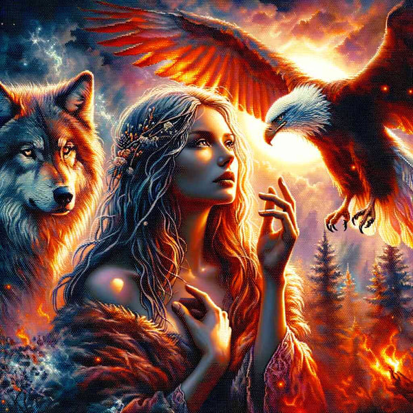 Paint by Numbers - Woman with eagle and wolf