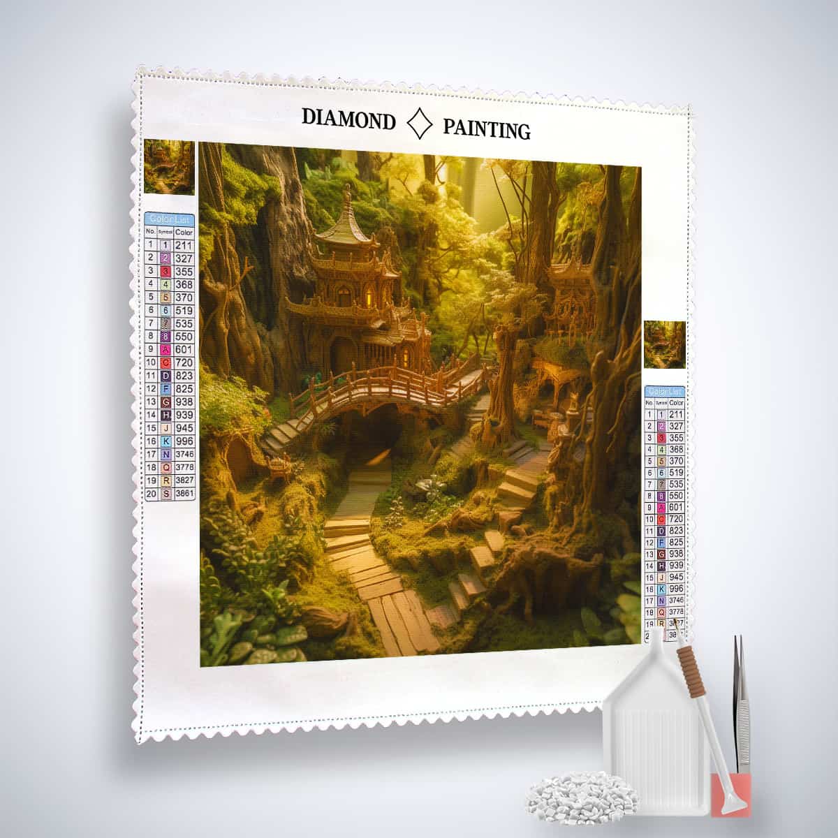 Diamond Painting - Fantasy Forest City kit with professional canvas, acrylic diamonds, tweezers, and application pen. Paint by Numbers art.