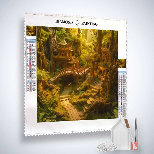 Diamond Painting - Fantasy Forest City kit with professional canvas, acrylic diamonds, tweezers, and application pen. Paint by Numbers art.