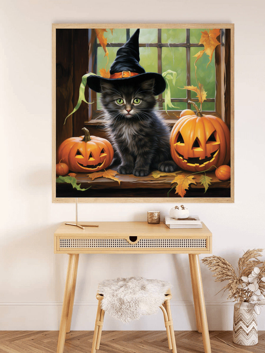 Paint by Numbers kit featuring a cute kitten in a witch hat sitting by a window with pumpkins, perfect for Halloween-themed decor or gift.