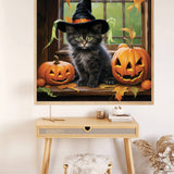Paint by Numbers kit featuring a cute kitten in a witch hat sitting by a window with pumpkins, perfect for Halloween-themed decor or gift.