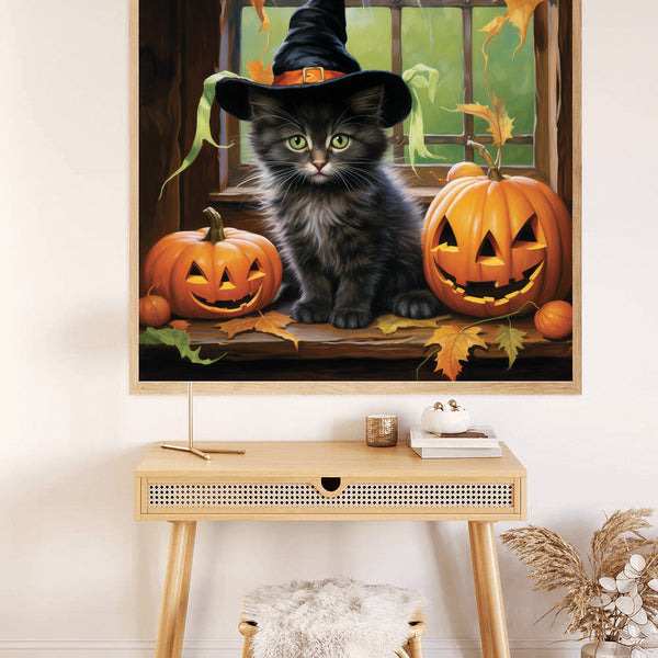 Paint by Numbers kit featuring a cute kitten in a witch hat sitting by a window with pumpkins, perfect for Halloween-themed decor or gift.