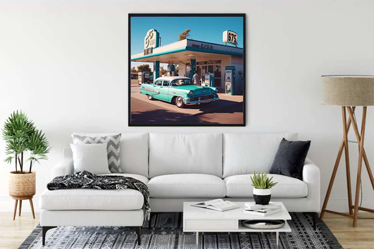 Diamond Painting - Golden Era of the Automobile displayed in modern living room with white couch and green plants