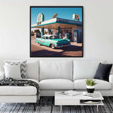 Diamond Painting - Golden Era of the Automobile displayed in modern living room with white couch and green plants