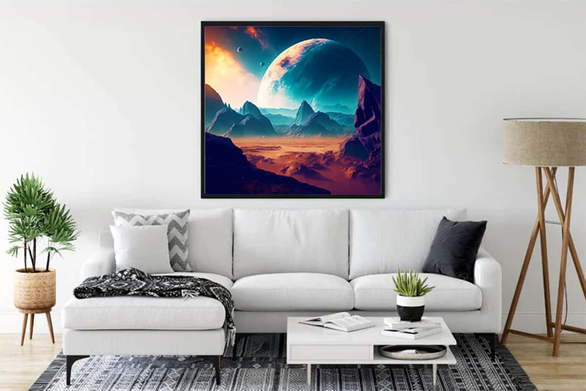 Fantasy landscape blue diamond painting hung in modern living room - Paint by Numbers kit with professional canvas and acrylic diamonds.